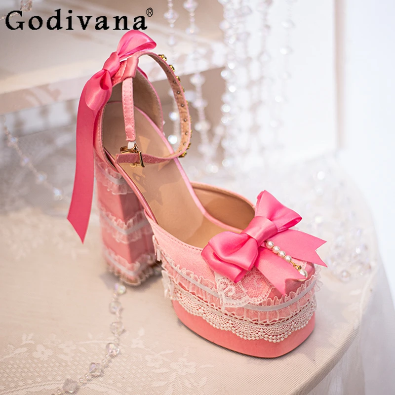 

Lolita Original Y2k Marriage Shoes for Girls Platform Square Head High Heels Sweet Pumps Women's Summer Bow Princess Shoes