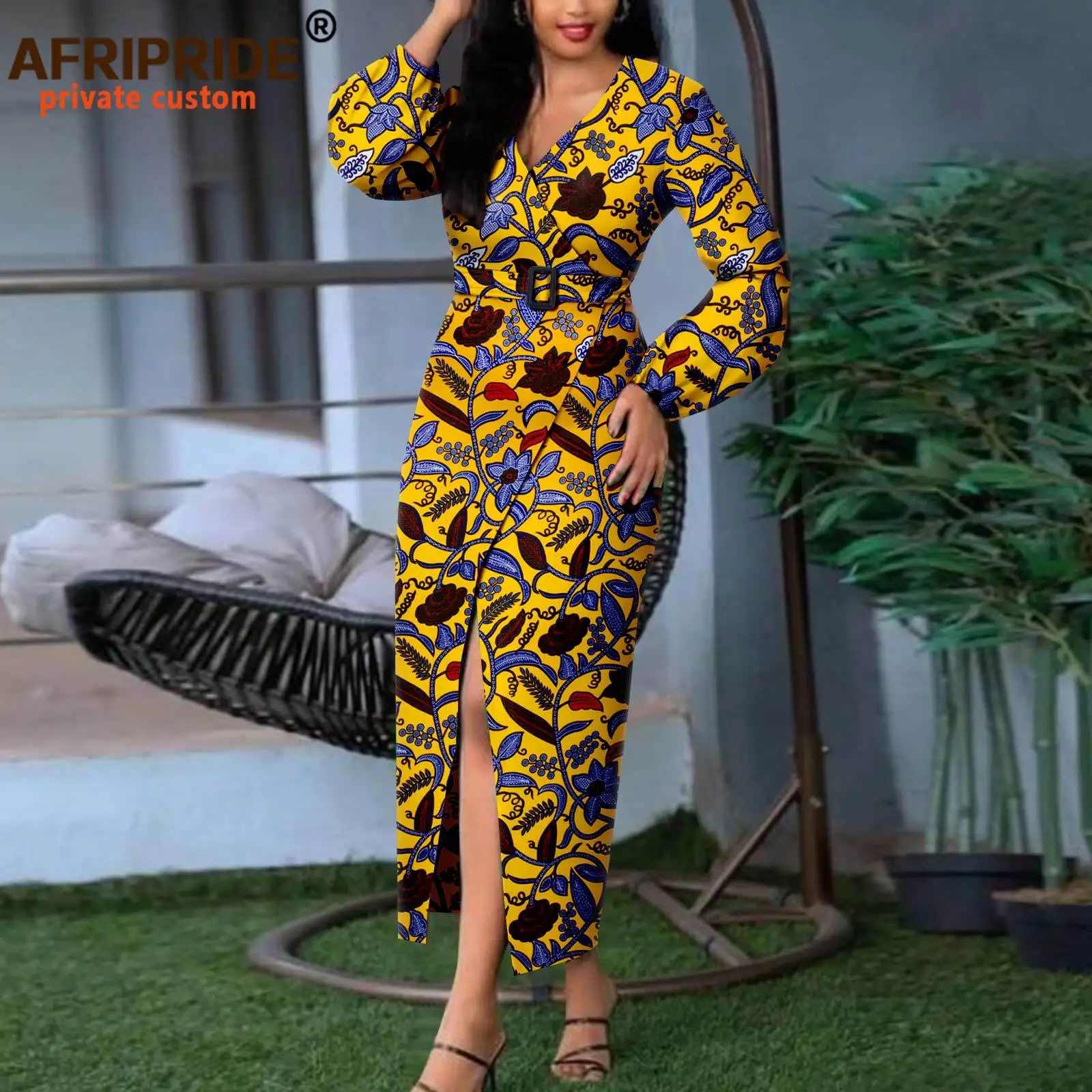 African Print Dresses for Women V-neck Long Sleeve High Waist Elegant Dress with Belt Ankara Clothes Dress Floral Wear A2225035