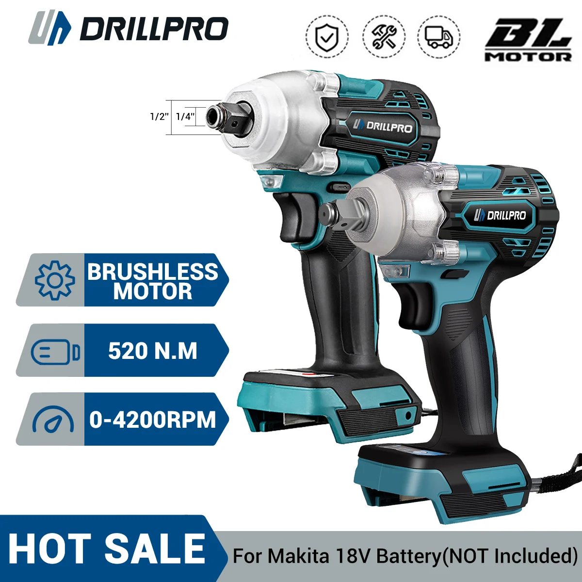 Drillpro 2 In 1 588N.m Brushless Cordless Electric Impact Wrench 1/2\