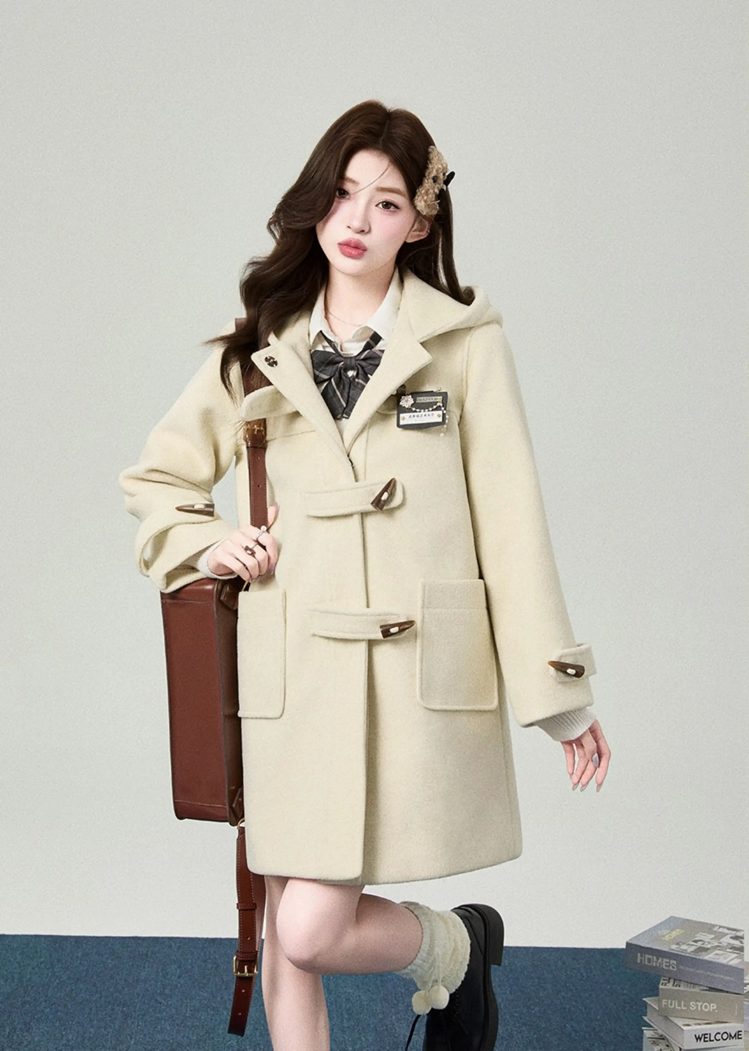 秋冬新作 韓国風 カレッジ風 ホーンボタン ホワイト ピンク ミドル丈 ウールコート ルーズ カジュアル グレー フード付き 中綿ジャケット