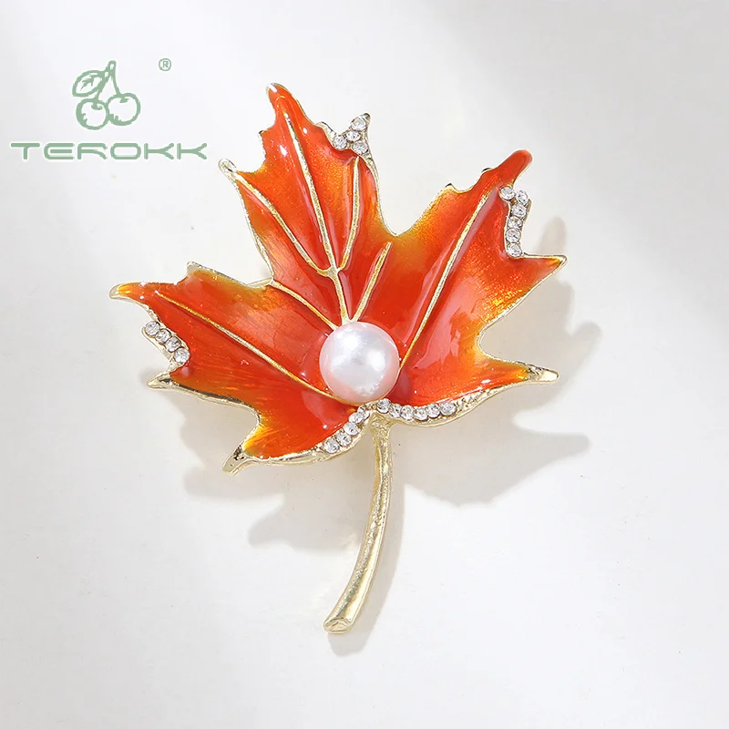 Fashion Enamel Rhinestone Pearl Maple Leaf Brooches For Women Clothing Coat Trendy Brooch Pin Jewelry Accessories Gifts﻿