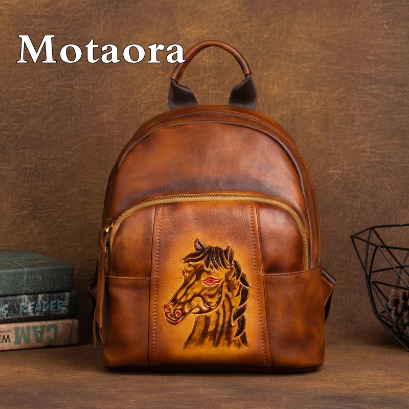 MOTAORA New Retro Cowhide Backpack For Women's Horse Print Embossed Handbag Handmade Large Capacity Travel Bags Genuine Leather