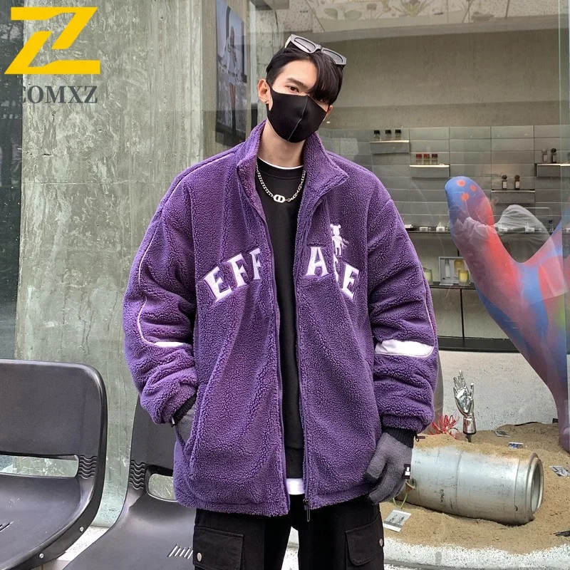 

COMXZ 2025 куртка шерпа с вышивкой букв для мужчин и женщин, зимнее теплое пальто с воротником-стойкой, модная верхняя одежда унисекс, повседневная модная парка