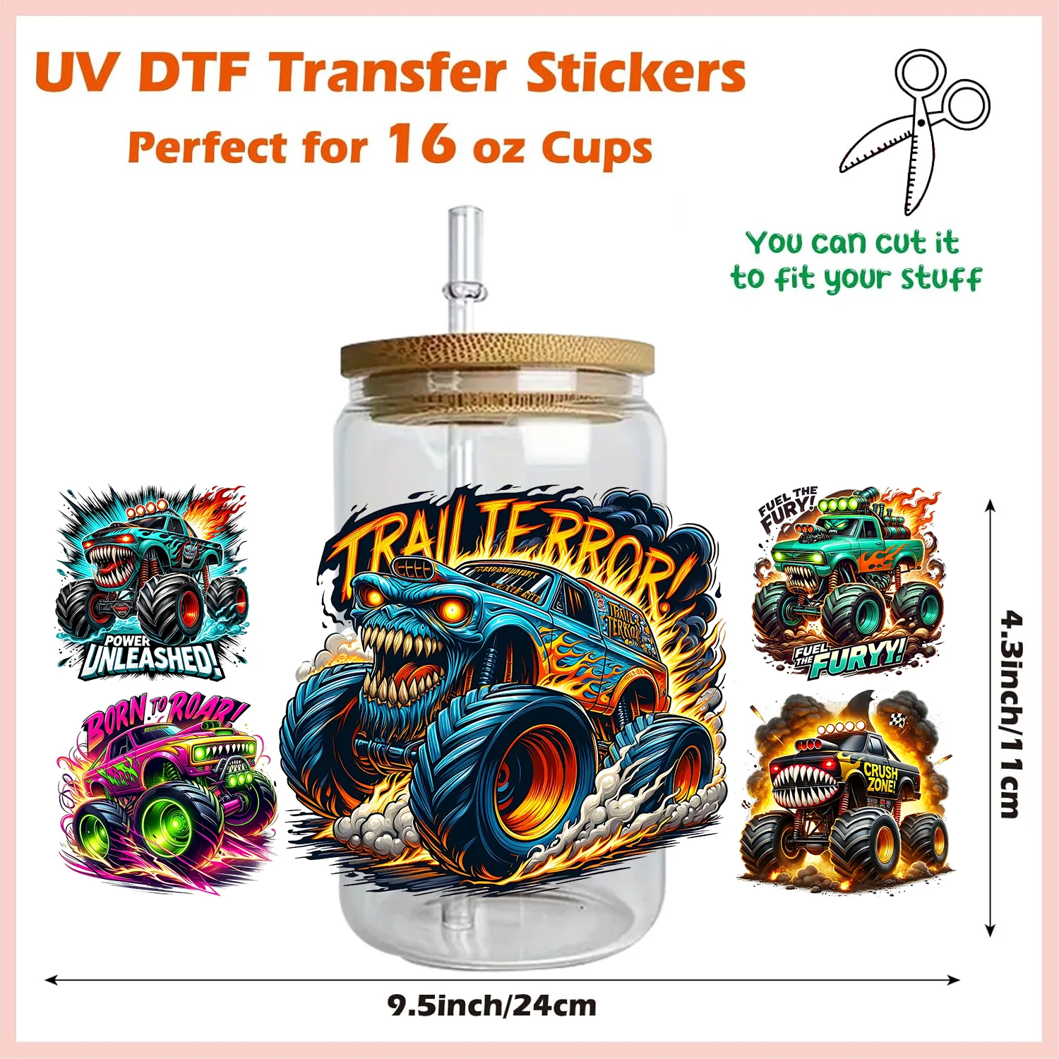 Cool Monster Trucks Rub On 16oz UV DTF Sticker waterproof DIY Decals 3D transfers uvdtf stickers 16oz uv dtf cup wraps