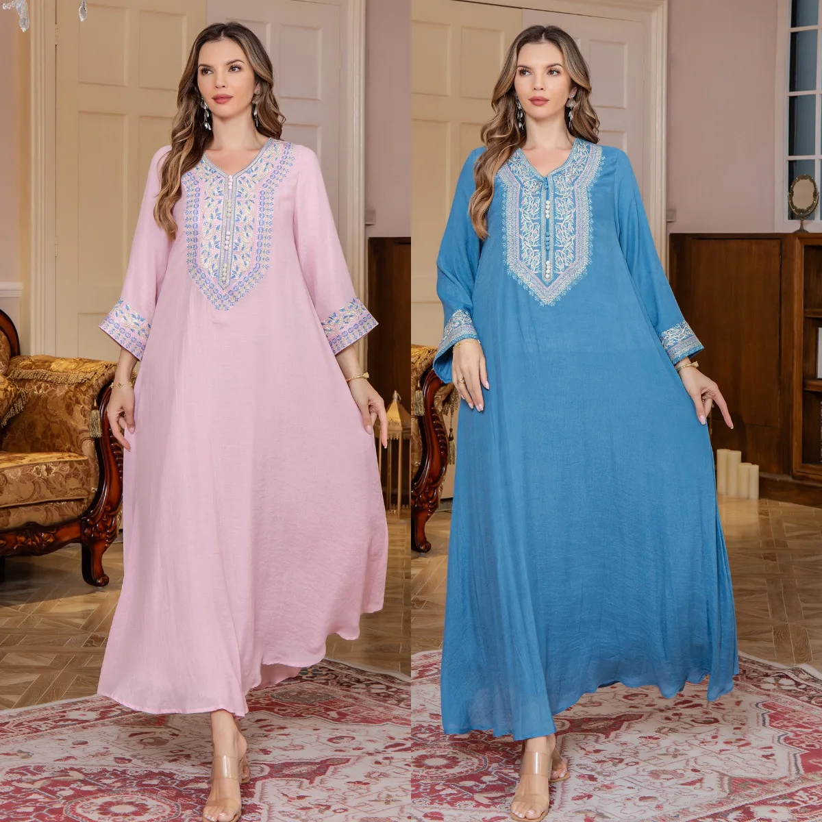 

Elegant Muslim Abaya Dress Dubai Women's Embroidered Beaded Robe Middle East Kaftan Arabian Islamic Clothing Dubai Party Gown