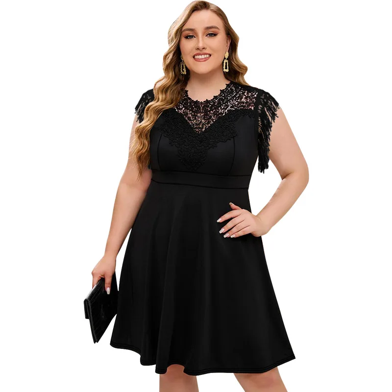 

Plus Size Women Dresses New Fashion Lace Round Neck Tassel A-line Dress Temperament Elegant Lady Solid Color Party Short Dresses