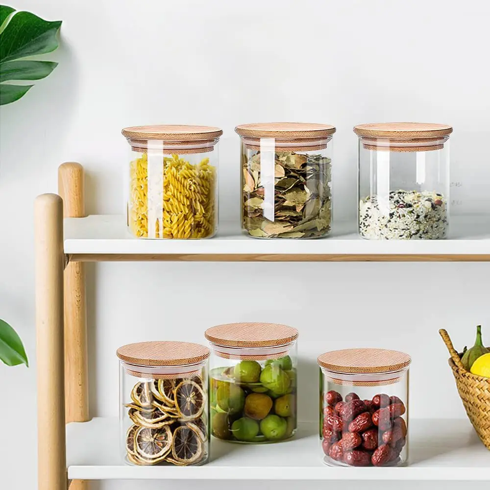 

600ML Glass Jar Sealed Canister With Bamboo Lid Transparent Glass Snack Storage Containers Candy Jars Set Food Storage Bottles