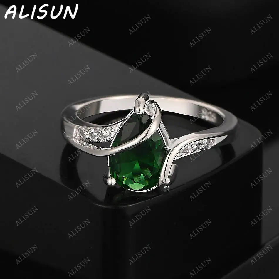 

ALISUN 925 Sterling Silver Rings For Women Green Crystal Water Droplets Size 7-10 Fashion Gifts Engagement Wedding Jewelry