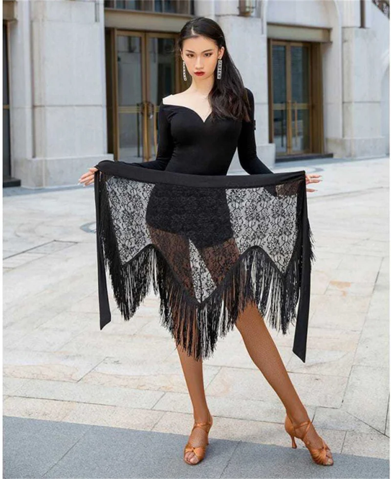 

Women Tassel Latin Dance Costumes Fringe Hip Scarf Skirt Towel Sexy Lace Dress Ballroom Top Long Sleeve V-neck Mesh Neckline