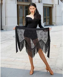 Women Tassel Latin Dance Costumes Fringe Hip Scarf Skirt Towel Sexy Lace Dress Ballroom Top Long Sleeve V-neck Mesh Neckline