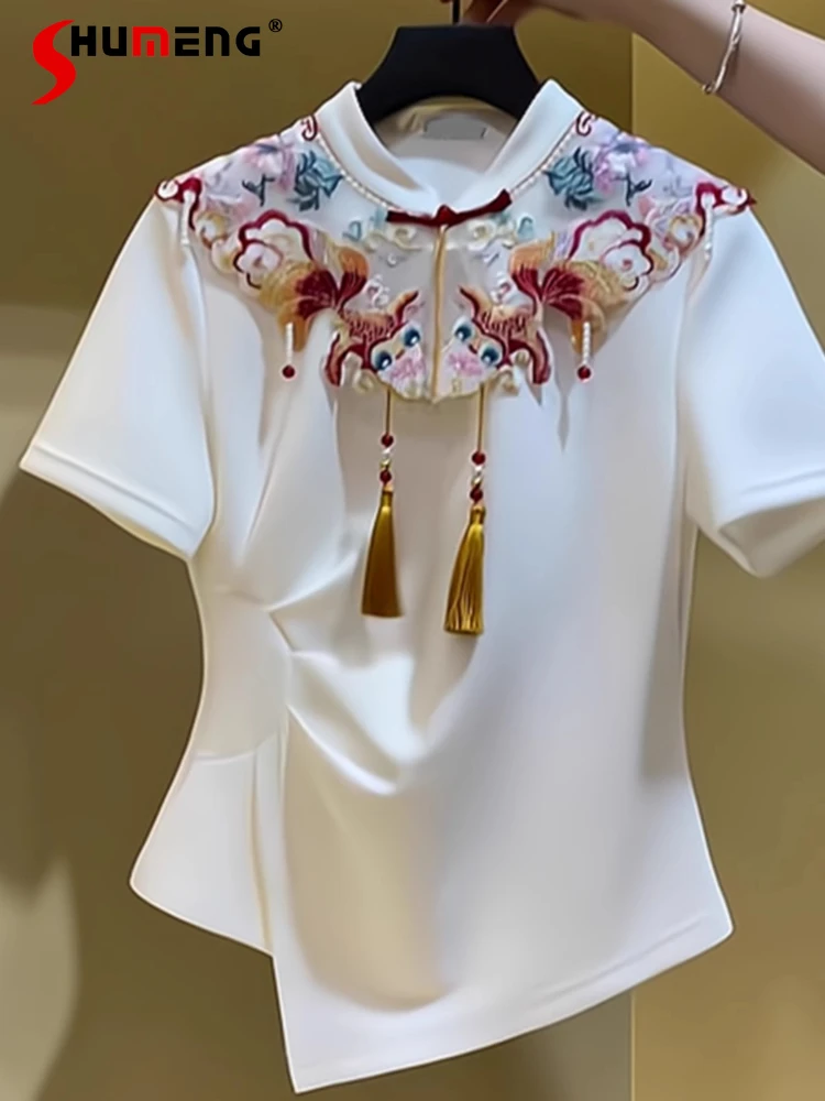 

Female Embroidered Short-sleeve Trendy T-shirts Women's 2025 Summer New Round Neck High-end T-shirts Women's Fashion Nice Tops