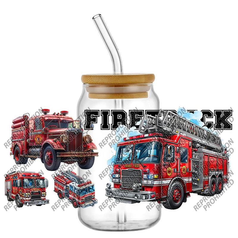 Classic Fire Truck Cartoon Pattern UV DTF Transfer Sticker Waterproof Transfers Decals For 16oz Glass Cup Wrap Stickers