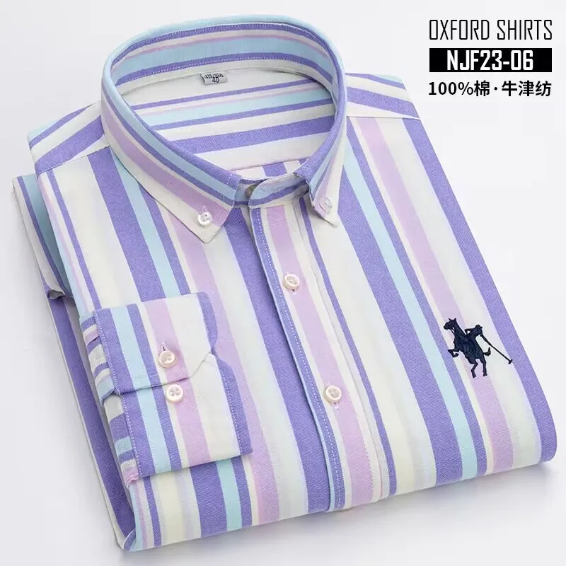 Spring And Autumn New 100% Cotton Oxford Striped long Sleeve Shirt For men Anti-wrinkle Comfort Business Fashion Casual Slim Fit