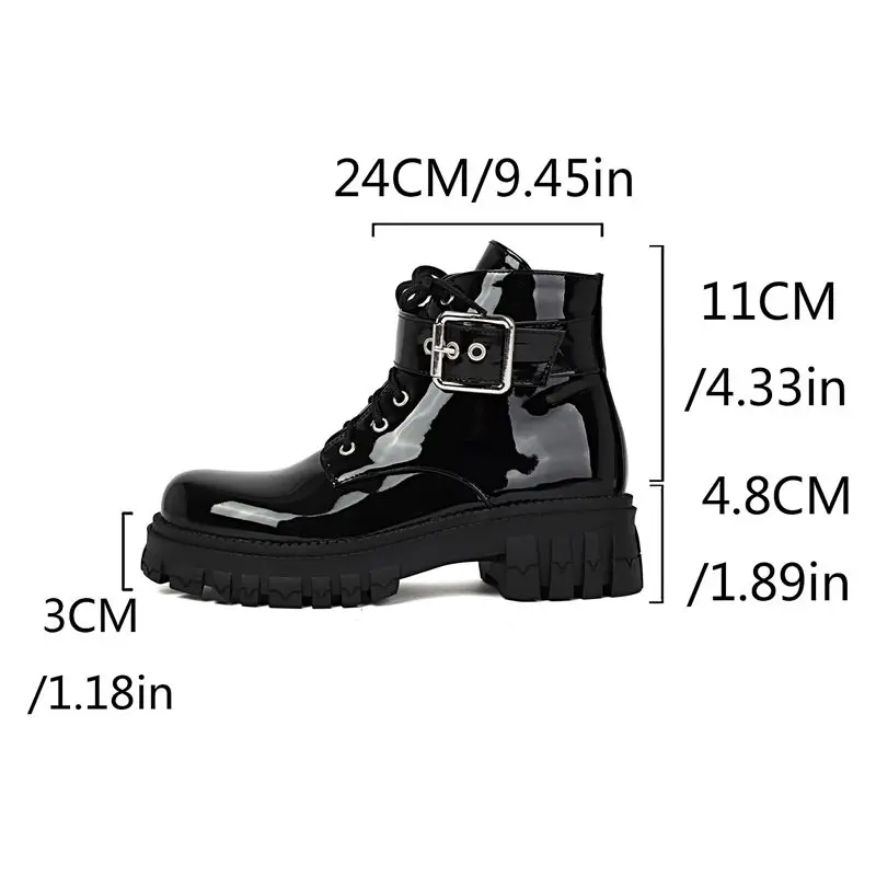 SIMLOVEYO Brand British Female Thick Sole Zipper Lace Up Belt Buckle Oversize 41 42 43 Comfort Ankle Boots Round Toe 4.8cm Sale