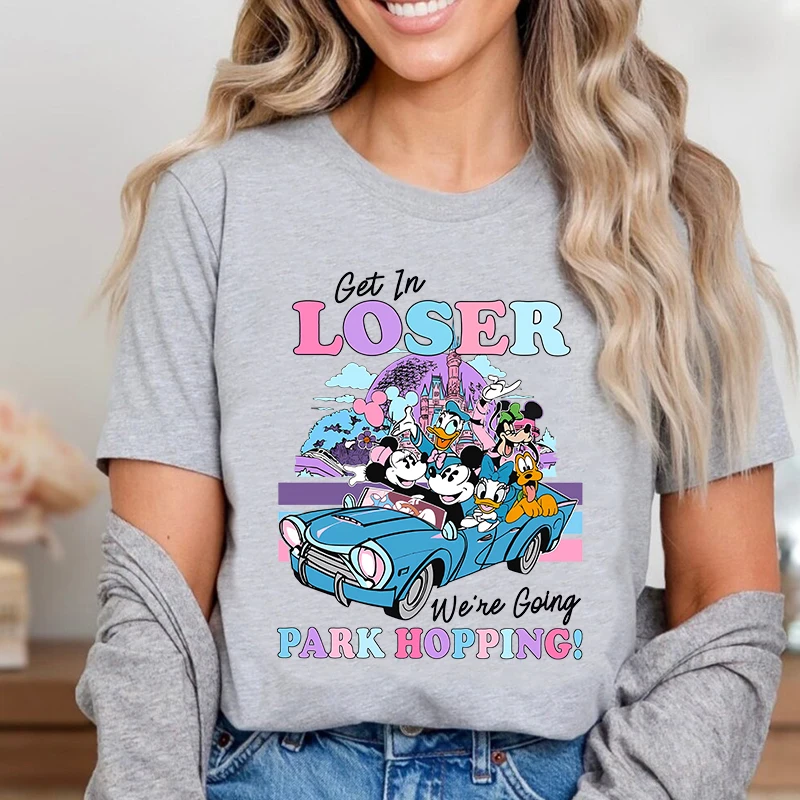 Get In Loser We're Going Park Hopping Mickey and Friends Print Women's T-Shirt Cotton Short Sleeve Casual Top