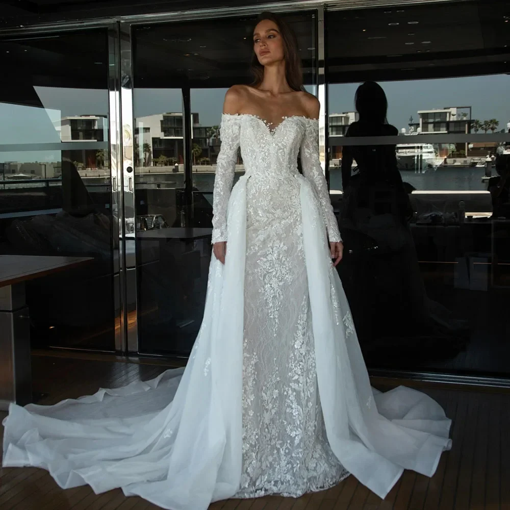 

Индивидуальные Свадебные Платья-Русалка с Открытыми Плечами, Длинными Рукавами, Вырезом «Сердечко», Жемчугом, Пайетками и Кружевом, Из 2 Частей, Со Съемным Шлейфом