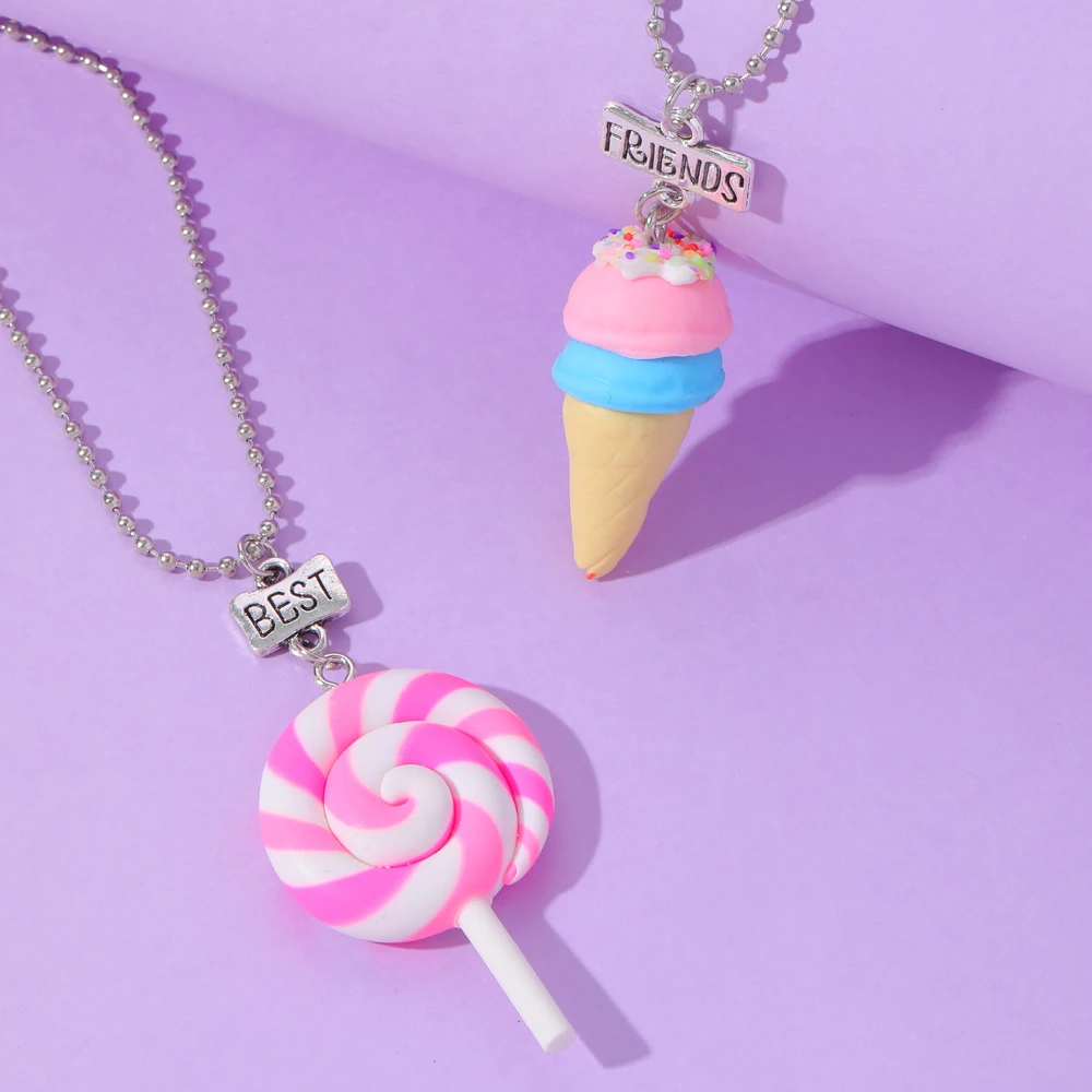15 Style Polymer Clay Pendant Best Friends Necklace Set BFF Fimo Rainbow Lollipop Ice Cream Cones Charm Beads Chian Kids Gift