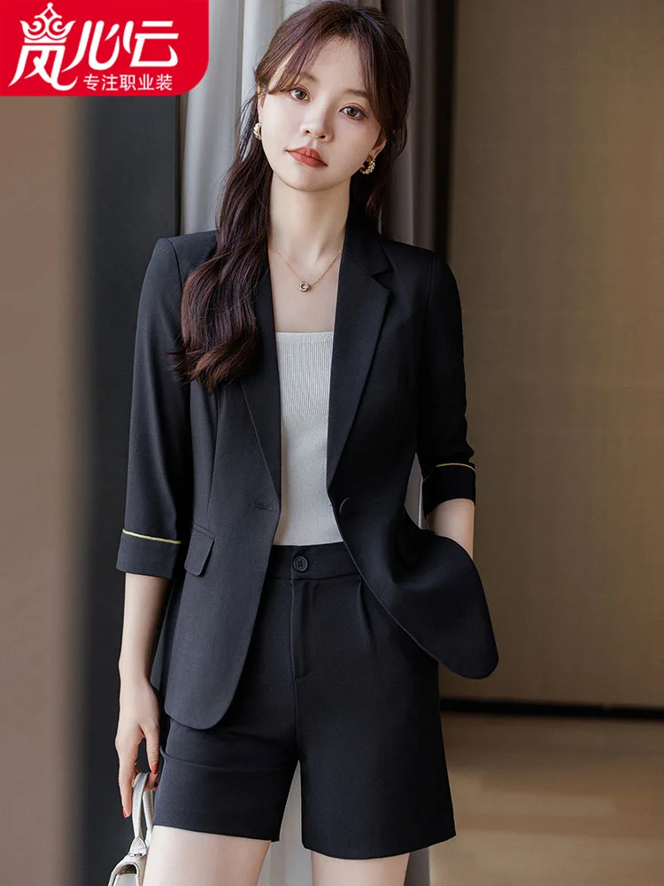 

2024New Summer Western Style Temperament Commute Fashion Solid Color Small Suit Blouse and Pants7Split Sleeve Elegant Blue119