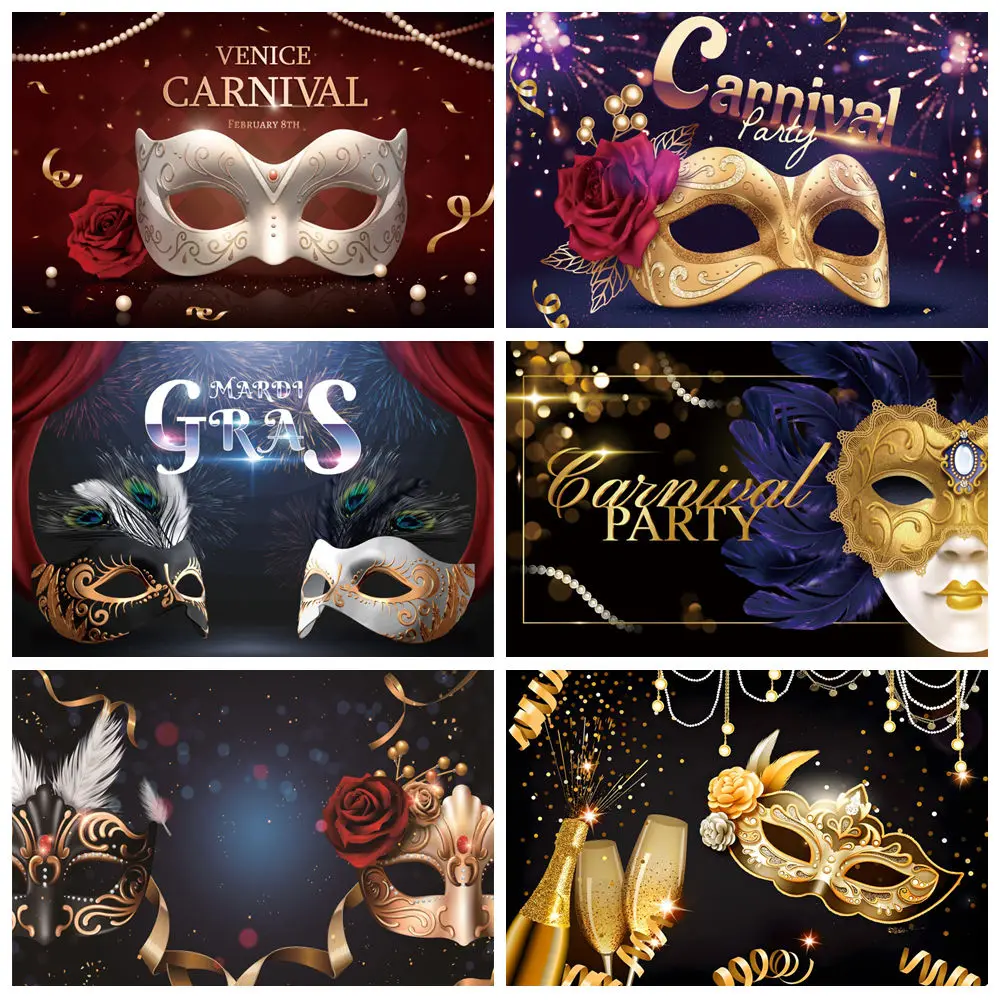 

Carnival Masquerade Backdrop Gold Mask Roses Feather Champagne Gold Glitter Girls Birthday Party Adult Portrait Photo Background
