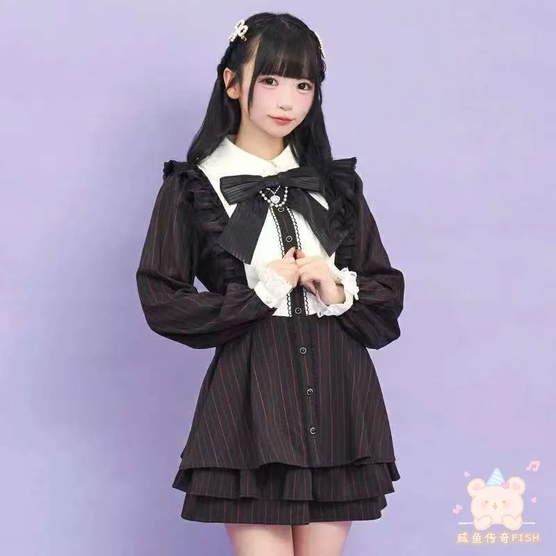 اليابانية الألغام نمط الإنتاج الضخم دمية طوق القوس طويلة الأكمام لوليتا فستان قصير مخطط عالية الخصر السراويل قطعتين مجموعات النساء