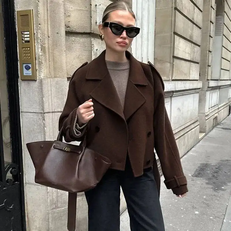 

Brown Double Breasted Wool Office Women's Retro Lapel Short Jacket Loose Solid Autumn Winter Coat Female Outfits