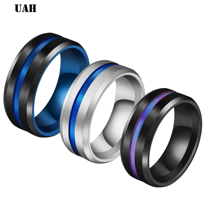 UAH Hot Sale Groove Rings Black Blu Stainless Steel Midi Rings For Men Charm Male Jewelry Dropshipping