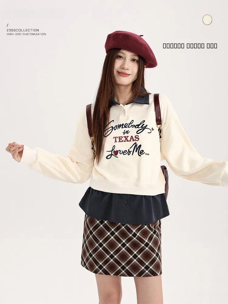 

Женская толстовка с эффектом двухслойности, с длинным рукавом, воротником, на флисовой подкладке, приталенная, удобная, из хлопка, с круглым вырезом