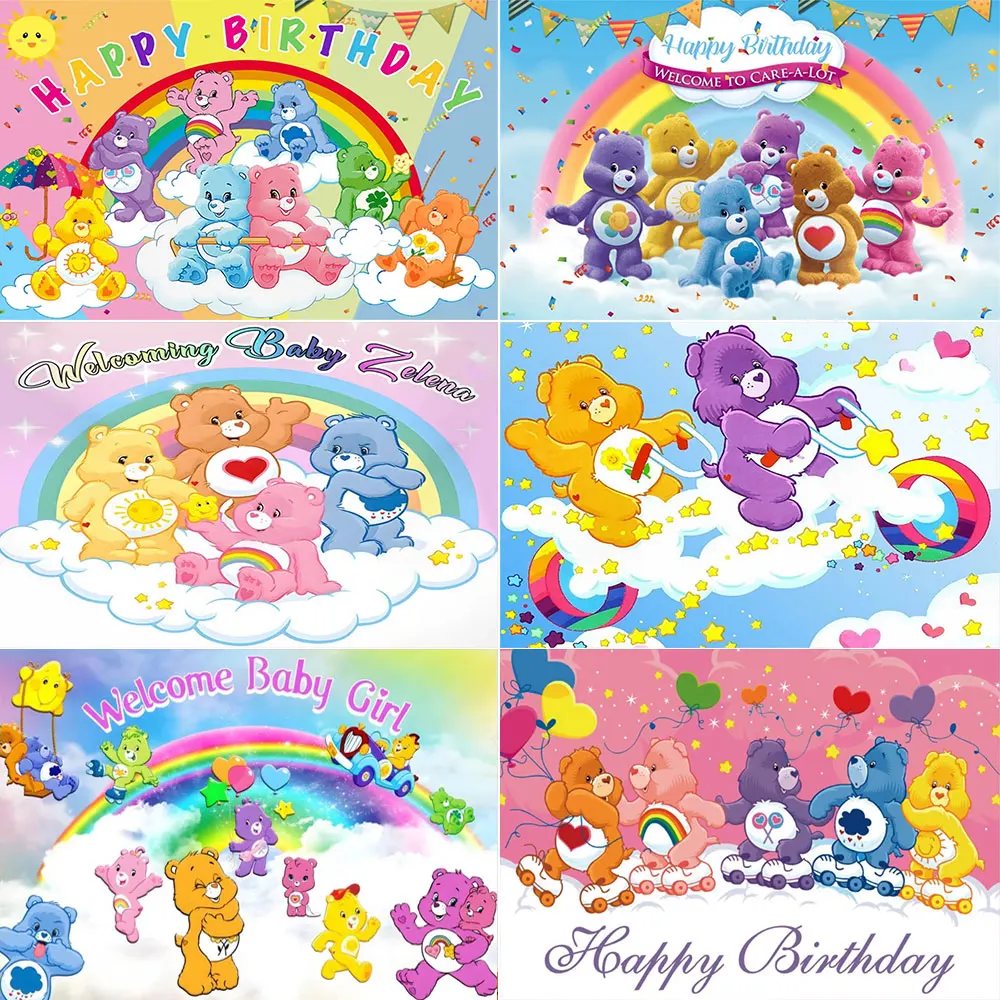 

Ca&re Cartoon Beared Theme Birthday Party Background Custom Decoration Banner Rainbow Cloud Girl Gift Baby Shower Photo Prop