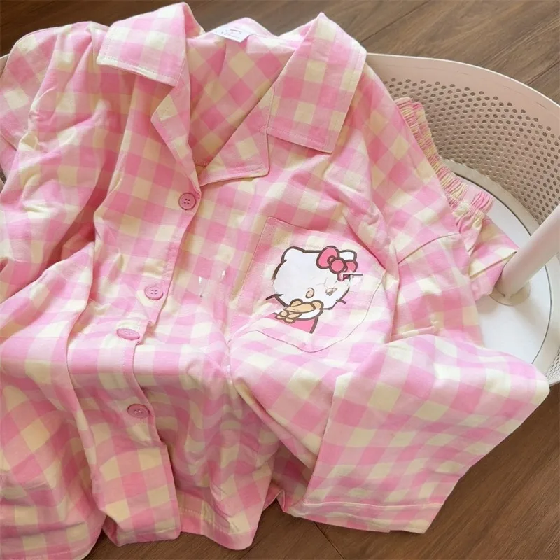 Hello Kitty kreskówka śliczne dziewczyny piżamy wiosenne i jesienne wyglądające spodnie z długimi rękawami studenckie ubrania domowe dwuczęściowy zestaw