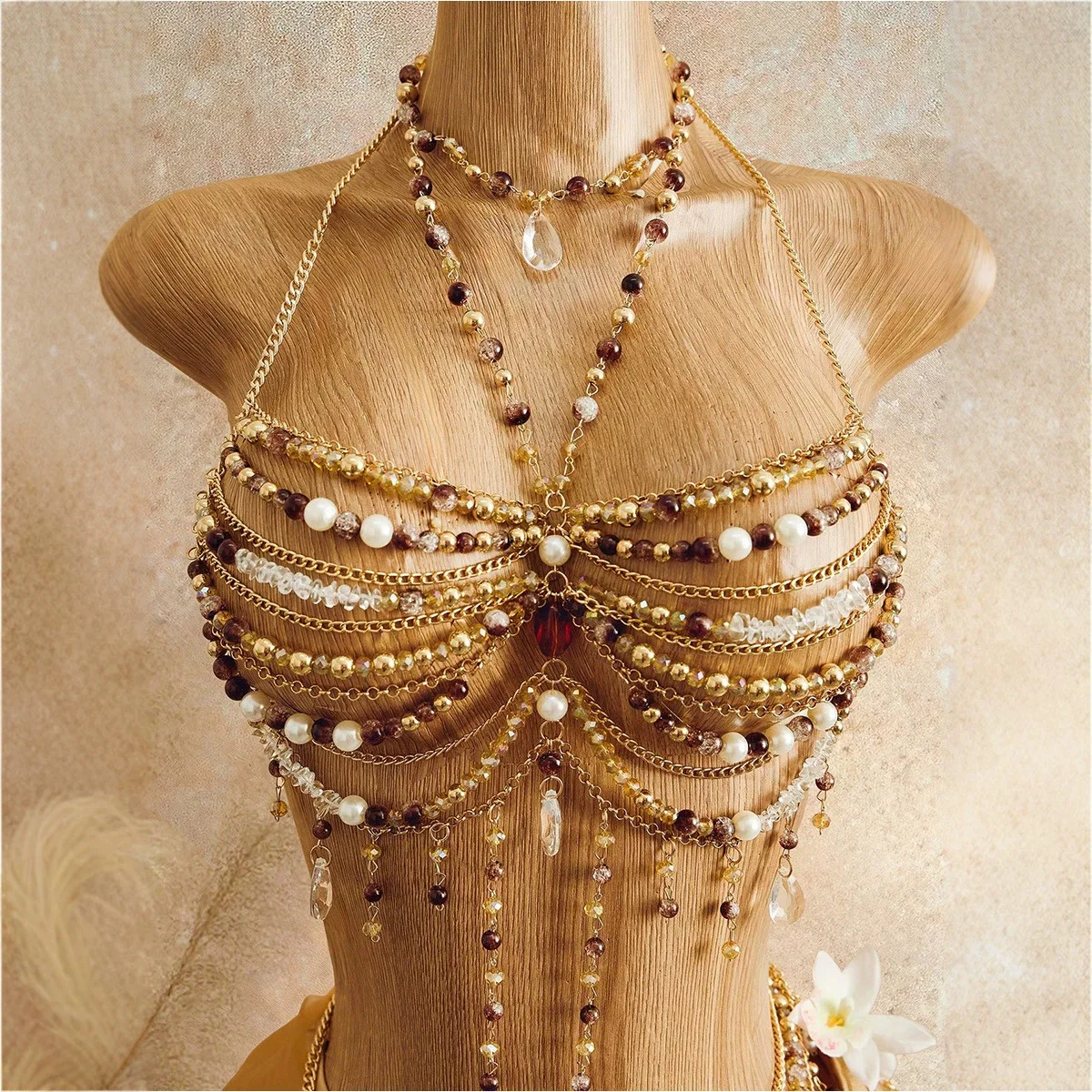 Wholesale Imitation Pearls Beaded Bra Tops Breast Chain Bikini Crop Camis Hollow Out Sexy Night Clubwear Beach Party Body Chain - view 3