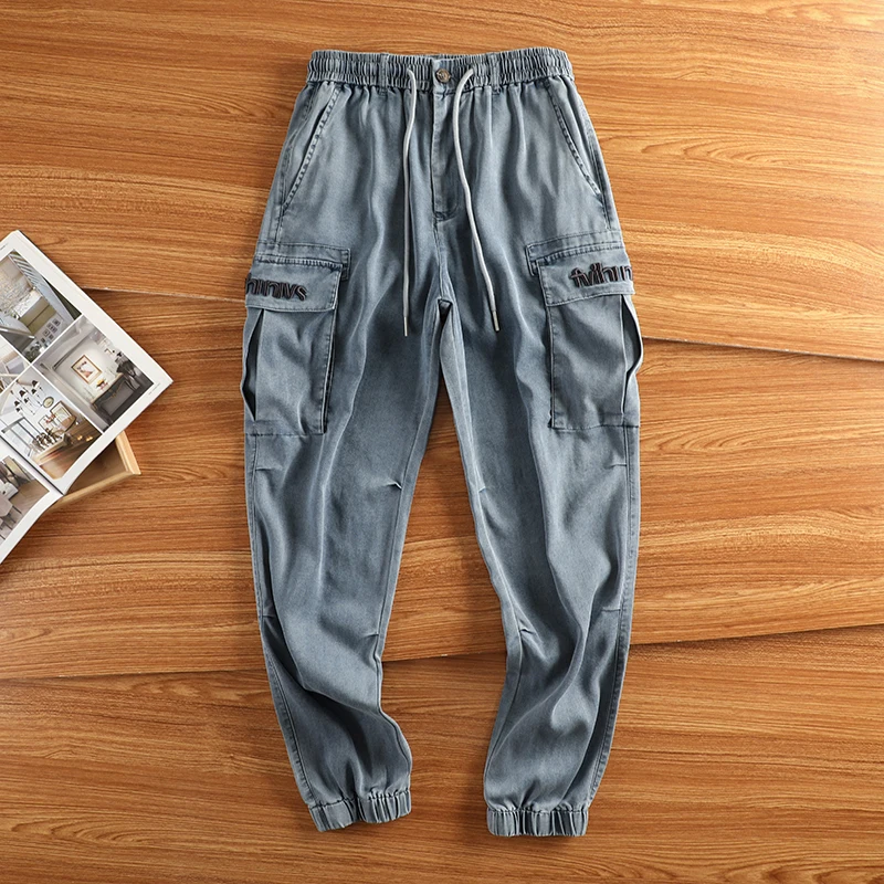 

Linen Silk Fabric Men's Loose Embroidered Casual Breathable Jeans Work Pants Trendy Loose Fit Summer Youth Casual Long Pants