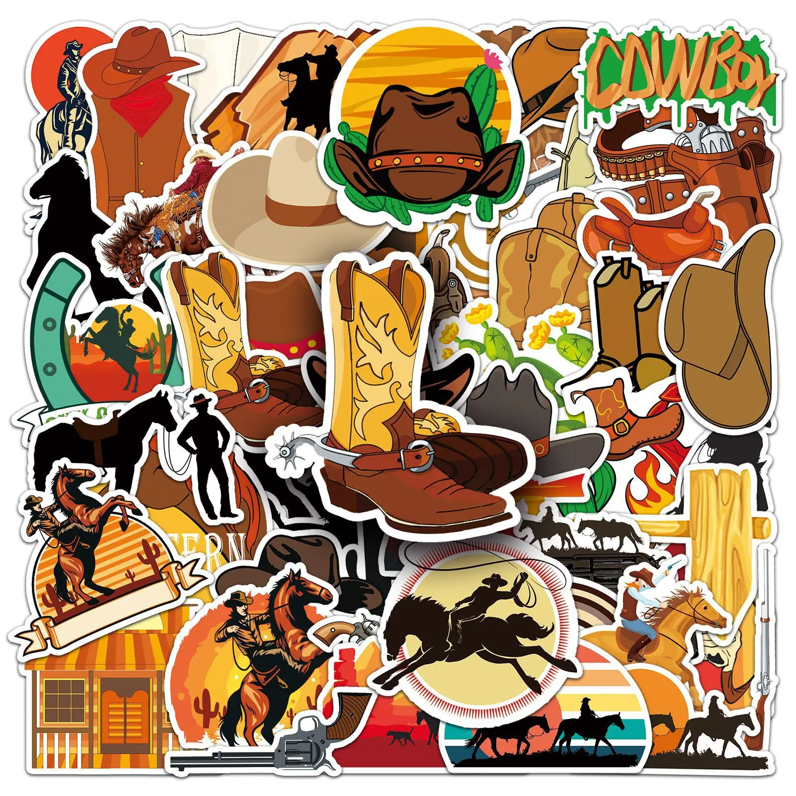 

50PCS Western Cowboy Stickers Vintage Wild West Cowboy Hat Horse Cactus Vinyl DIY Decorative Laptop Waterproof Stickers Kids Toy