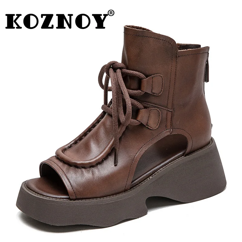 

Koznoy 5.5cm Genuine Leather Boots Chimney Women Hollow Ankle Booties Motorcycle Peep Toe Moccasins Fashion Summer Sandals Shoes