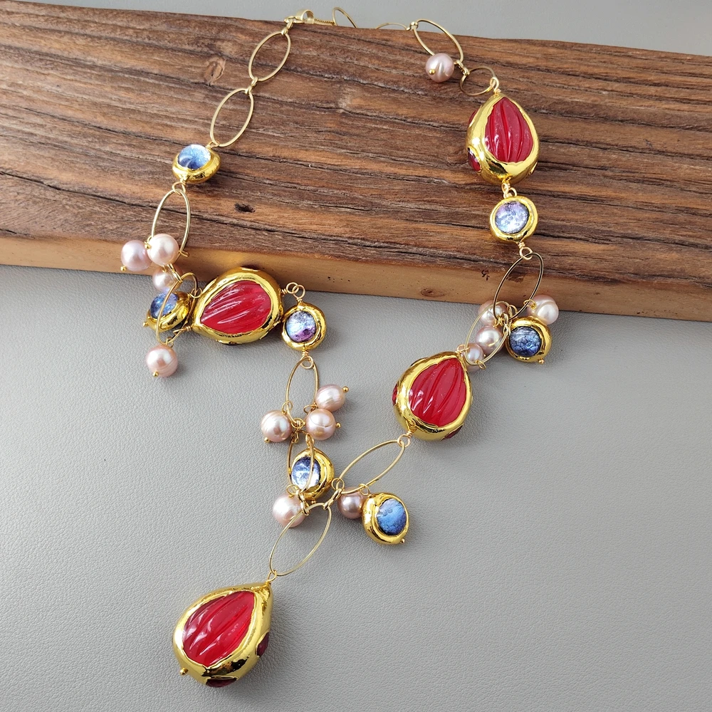 Y·YING Cultured Purple Pearl Murano Glass Red Quartz Pendant Necklace Boho Style Jewelry Multistone