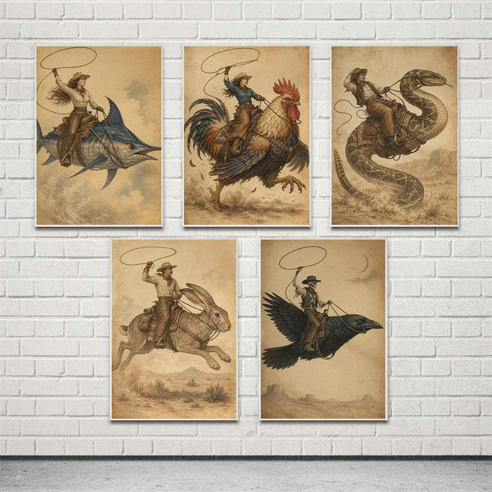 Frameless Canvas Painting Vintage Western Cowgirl Riding Animals Posters Snake Chicken Funny Spade Modern Prints Canvas Painting