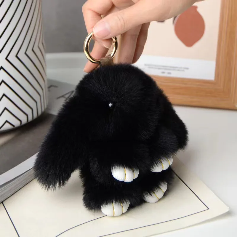 Rabbit Keychain Ring Fluffy Real Fur Pompon Bunny Trinket Key Chain Charm Cute Ring On Bag Car Key Pendant