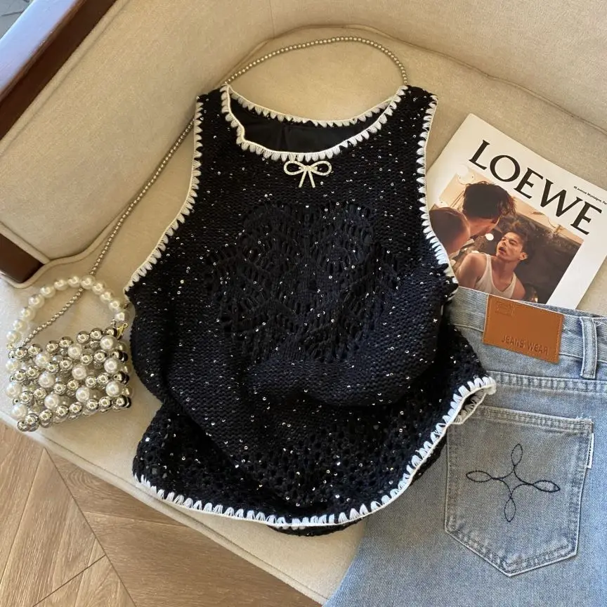 Hollow Out Sweet Fragrance Style Sleeveless Black Heavy Industry Sequin Top Women's Summer VestT