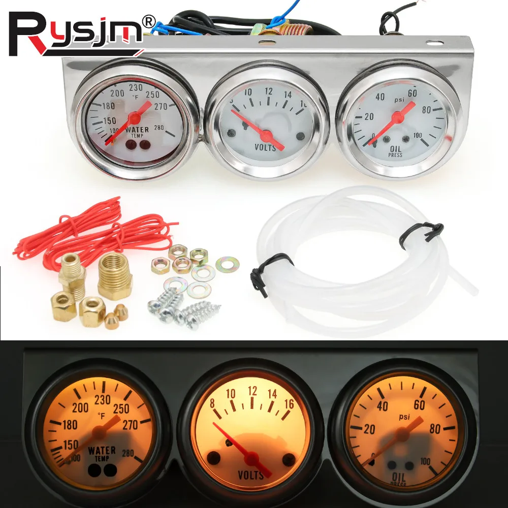 Triple Gauge 52mm Voltage / Water Temp (Fahrenheit)/Oil Press Chrome Bezel 3-In-1 Kit Meter Mechanical Instrument For Cars Gauge