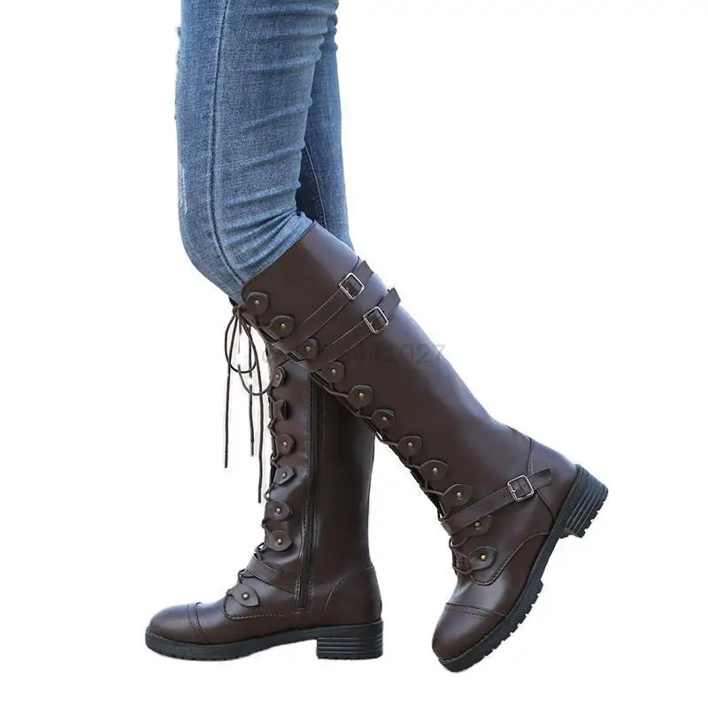 Medieval Women Knee High Boots Autumn Winter Lace Up Flat Shoes Sexy Steampunk PU Retro Buckle Women Shoes Ladies Snow Boots