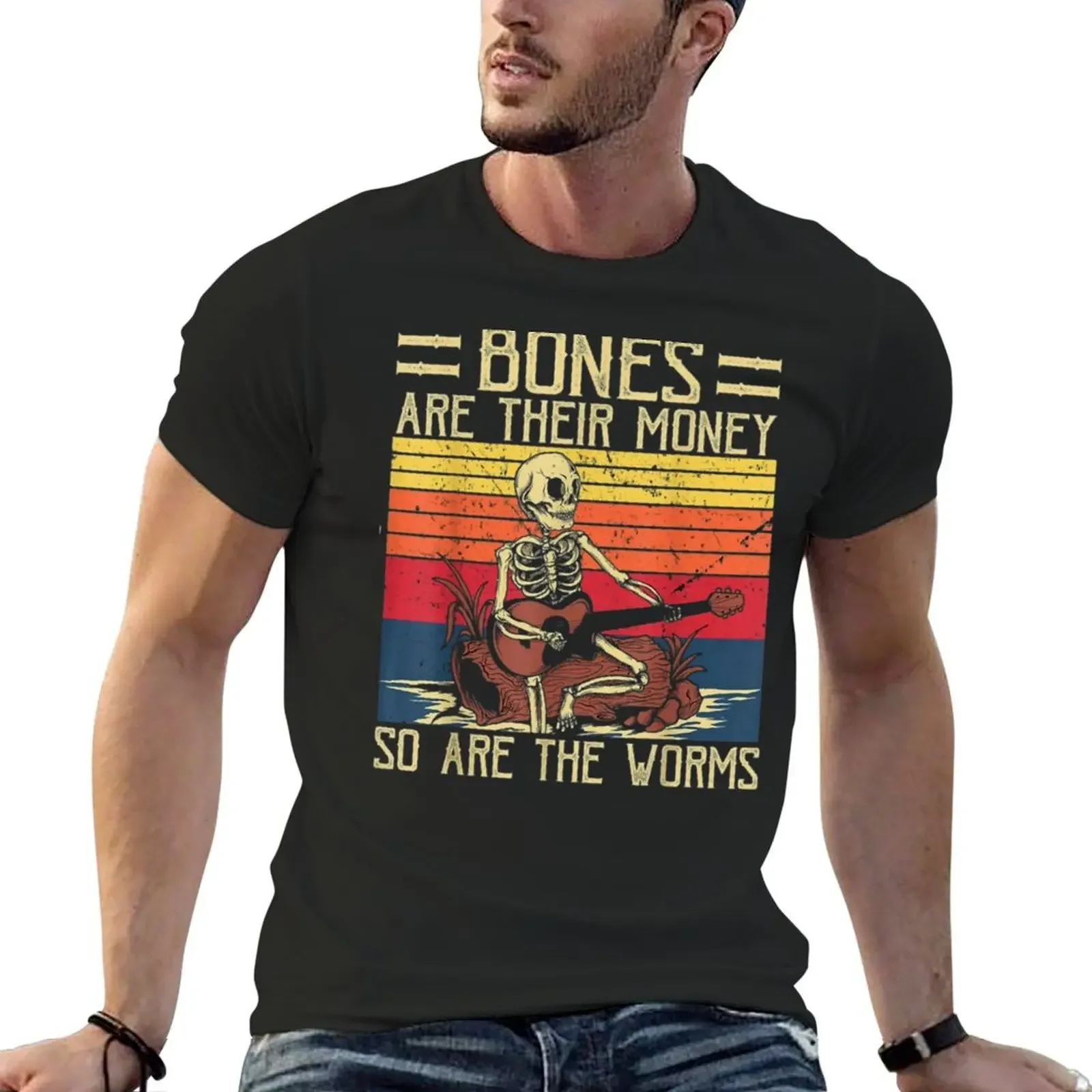 

Bones Are Their Money Skeleton Playing Guitar Retro Vintage T-Shirt summer clothes graphic tee shirt mens graphic t-shirts pack