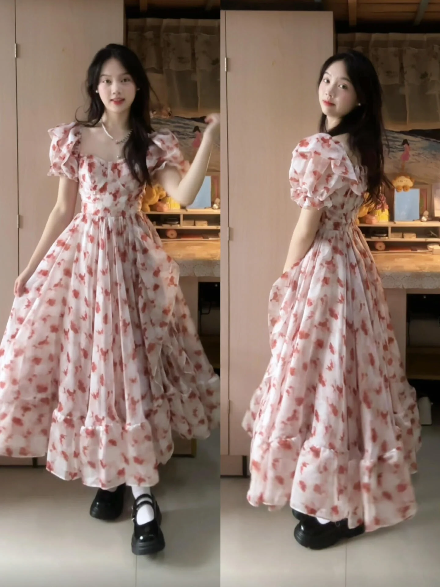 

Elegant Floral Print Bubble Sleeve Dress Women's Summer 2026 New Style Small Size Waist Cinched Long Dress Gentle Style