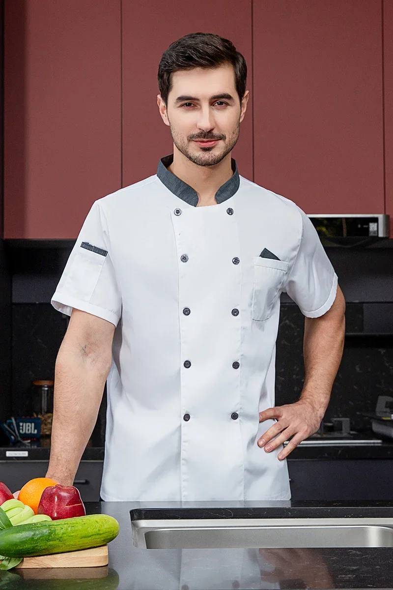 Uniforme de Chef de cocina, camisa de chef de manga corta para cocinero de hotel y panadería, chaqueta de Chef transpirable con doble botonadura, ropa de servicio de comida con logo