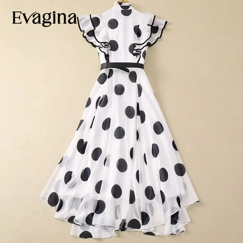 Evagina New Fashion Runway Designer Women's Stand Collar Bow Single Breasted Detachable Belt Polka Dot Vintage Style Dress