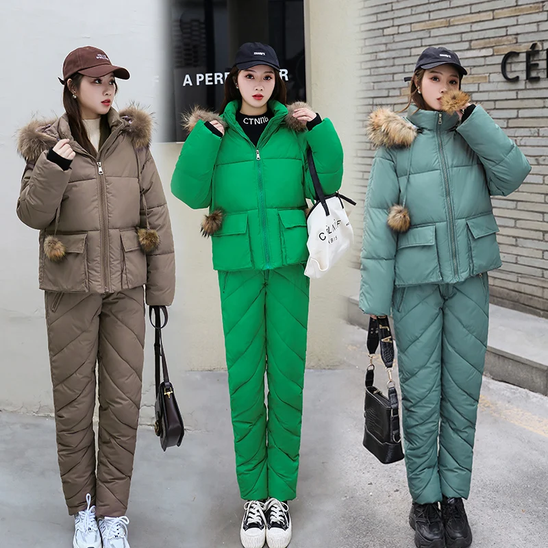 2023 Winter Jacket Women Snow Clothes Warm Pant Suits Real Fur Collar Parka Women Down Cotton Coat 2 pieces Set Outwear Ladies