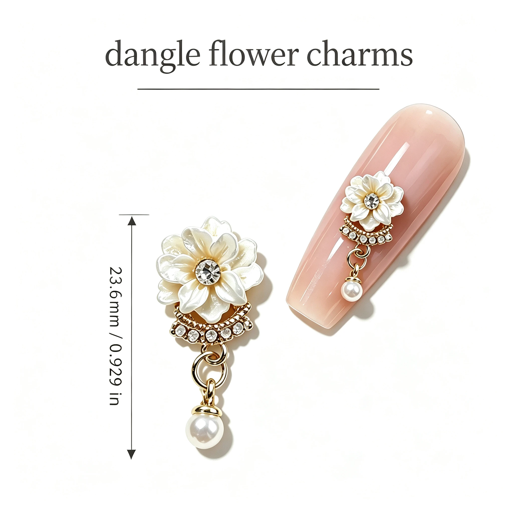 10Pcs Flower Nail Dangle Charms, Golden White Floral Nail Pendants with Pearl Rhinestone, Bling Dangling Charms for Nail Art