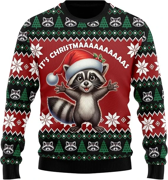 

Забавный рождественский свитер с рисунком енота, модные ковбойские толстовки Санта-Клауса для женщин, одежда, рождественский подарок для мальчиков, пуловеры