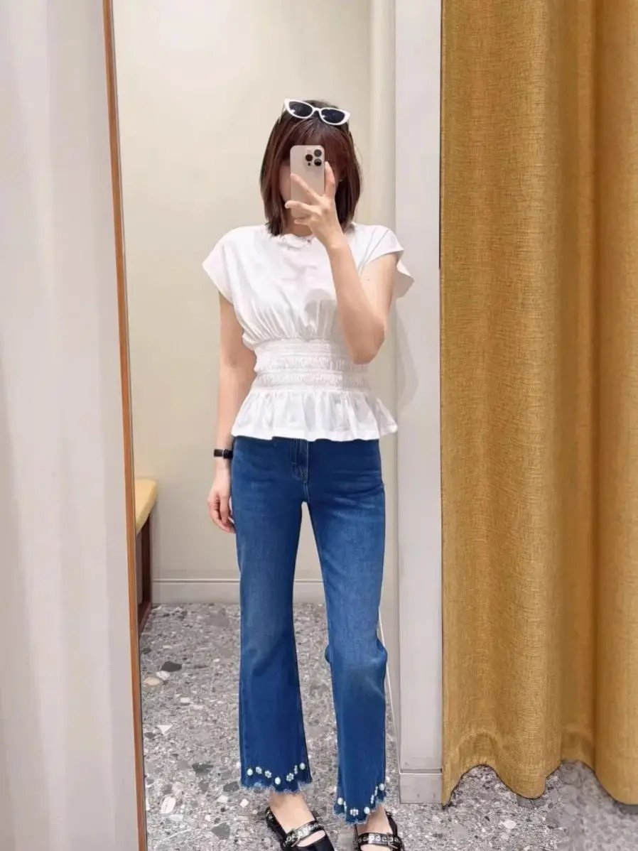 

Women Pearl Decoration Jeans 2026 New High Waist Straight Slim Denim Pants