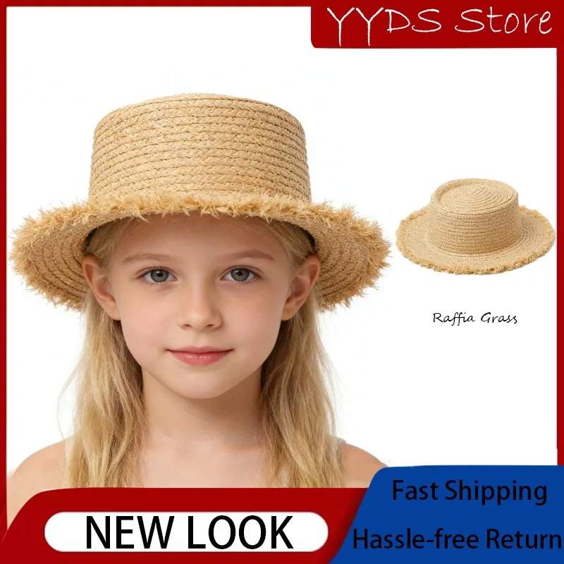 

Spring Summer Kids Flat Top Raffia Straw Hat Wide Brim Fringe Outdoor Beach Travel Sun Protection Cap