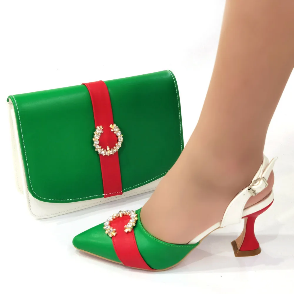 

Elegant Green Women Pointed Toe Shoes Match Handbag With Crystal Decoration African Dressing Pumps And Bag Set CR931,Heel 8CM