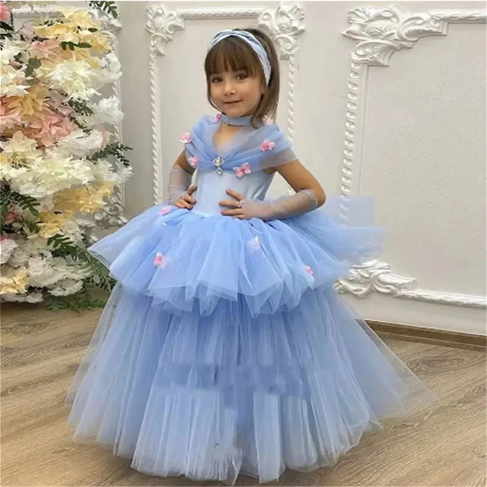 

Cute Blue Girls Birthday Dresses Appliques Tiered Flower Girl Dresses for Wedding Princess Party Baby Ball Gowns Customized
